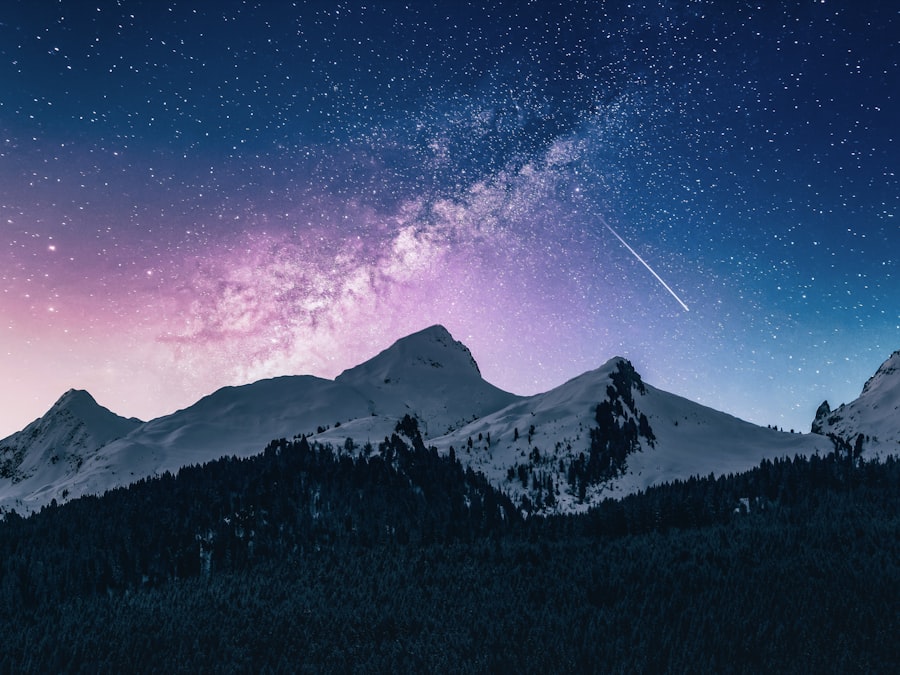 The Milky Way arcing over snow-covered mountain peaks at night